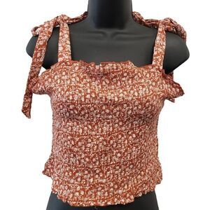 Dizzy Lizzy Smocked Crop Top Women's XL Rust Orange White Floral Tie-Straps NEW‎